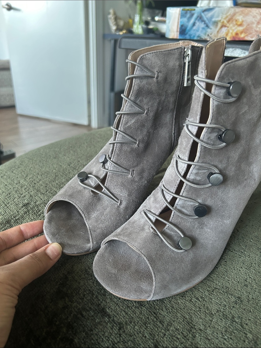 Charles David Gray Suede Peep-Toe Lace-Up Booties